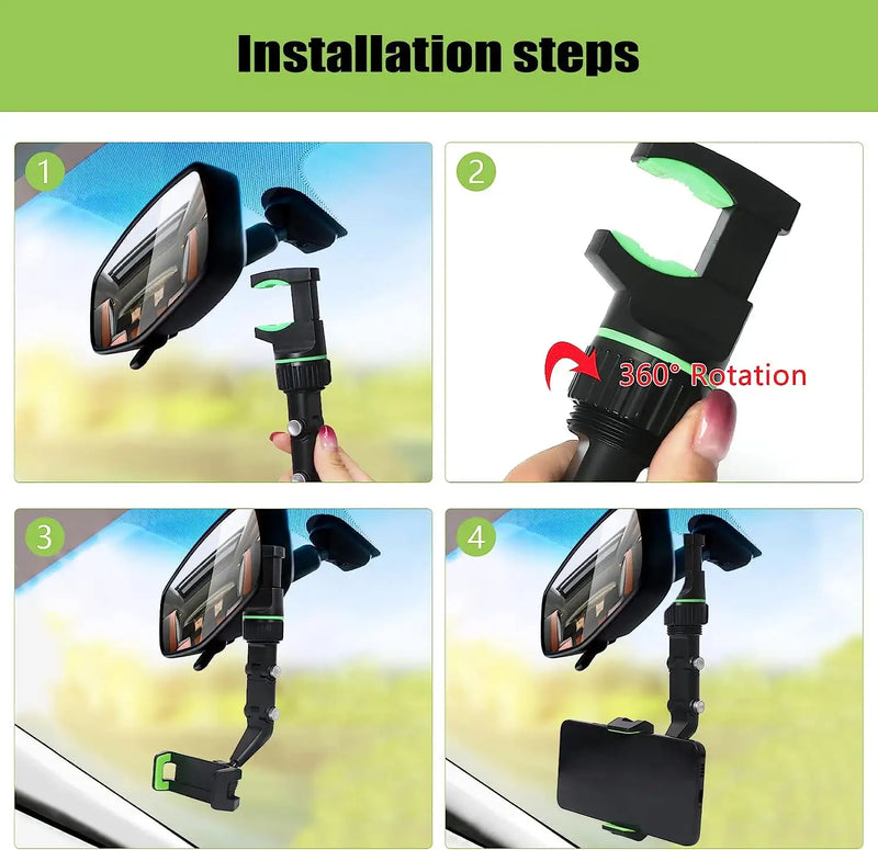 360 Degree Rearview Mirror Multifunctional Car Phone Holder for 4.0-6.1 Inch Mobile