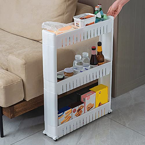 Three Tiers Slim Slide Out Kitchen Storage Rolling Shelf Tower Trolley Rack