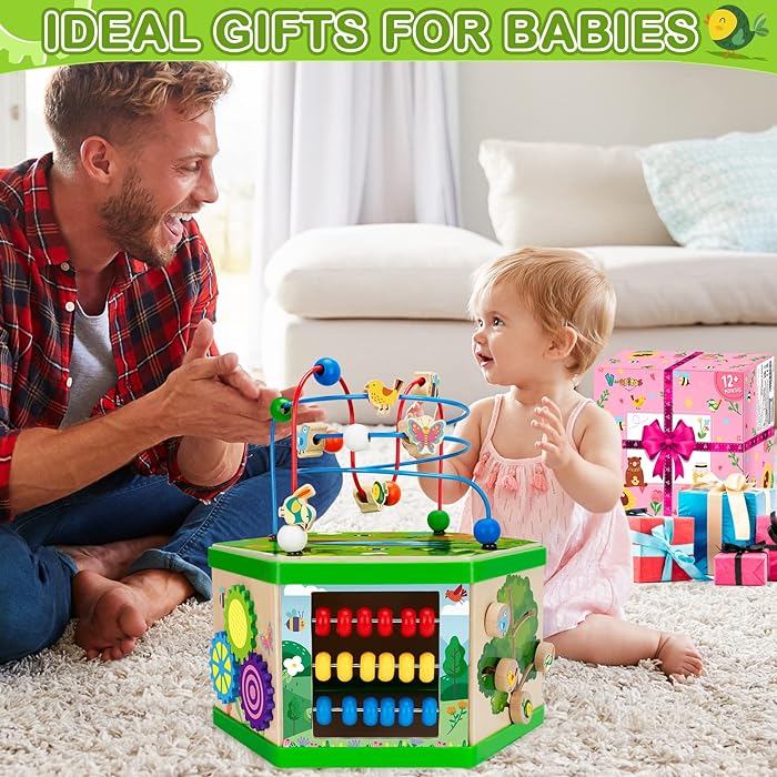 7 in 1 Wooden Activity Cube, Montessori Early Educational Toys for Baby, 12-18 Months