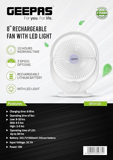 Geepas 8 Rechargeable Fan with LED Light- GF21120 High Performance Fan