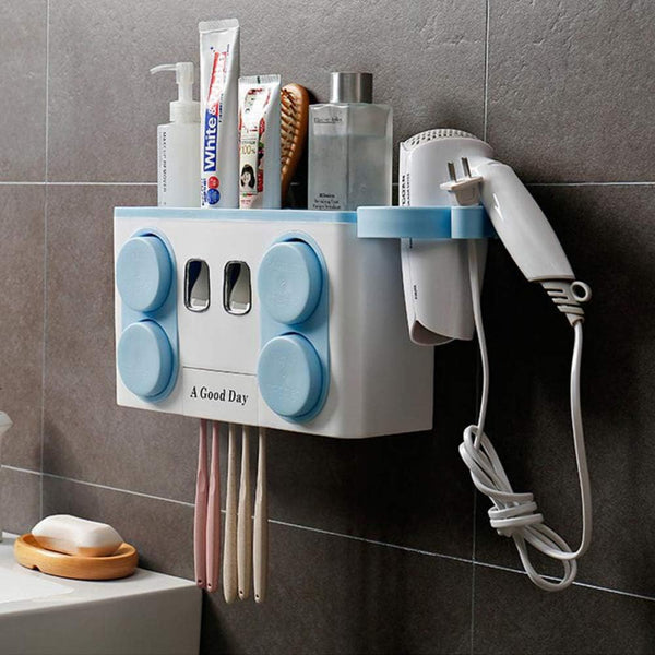 Multifunction Toothbrush Holder With Automatic Toothpaste Dispenser And Hair Dryer Rack